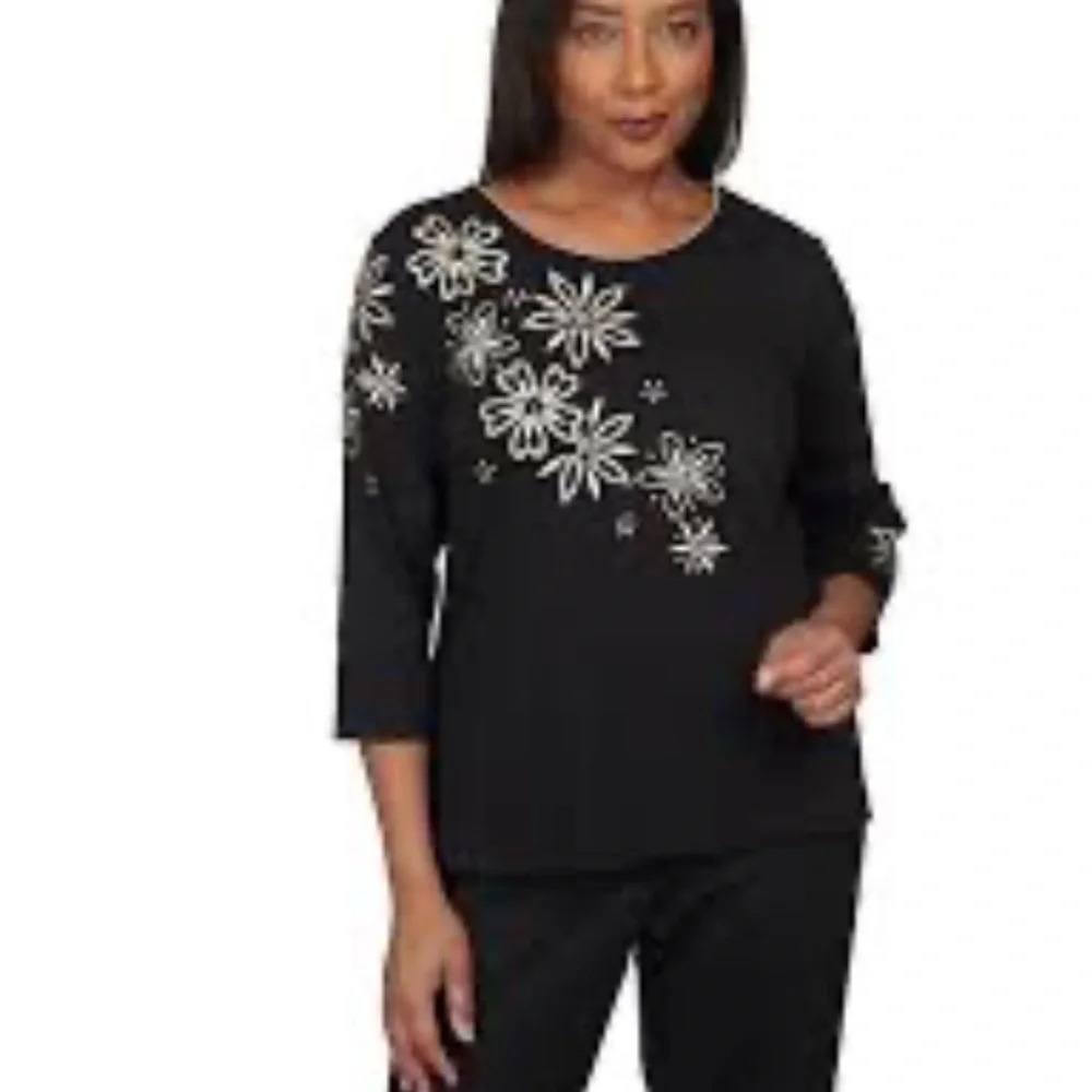 Alfred Dunner Black & Gold Spontaneous Flower Embroidery Crew Neck Top Size XL